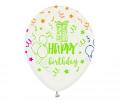 Latexové balóny s potlačou Happy Birthday biele