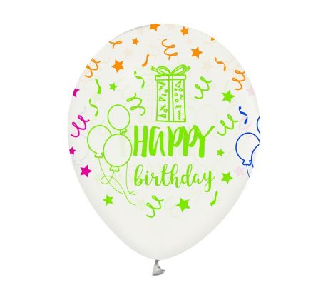 Latexové balóny s potlačou Happy Birthday biele