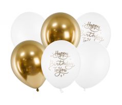 Latexové balóny bielo-zlaté Happy Birthday 6 ks